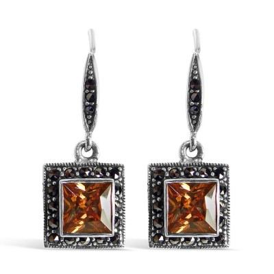 MARCASITE EARRING SQUARE CHAMPAGNE CUBIC ZIRCONIA WITH MARCASITE WIRE