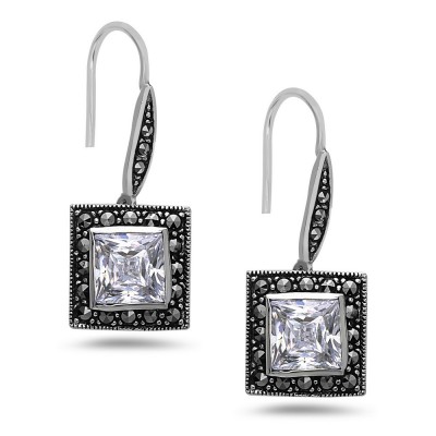 MARCASITE EARRING SQUARE CLEAR CUBIC ZIRCONIA WITH MARCASITE WIRE