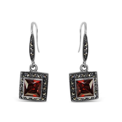 MARCASITE EARRING SQUARE GARNET CUBIC ZIRCONIA WITH MARCASITE WIRE
