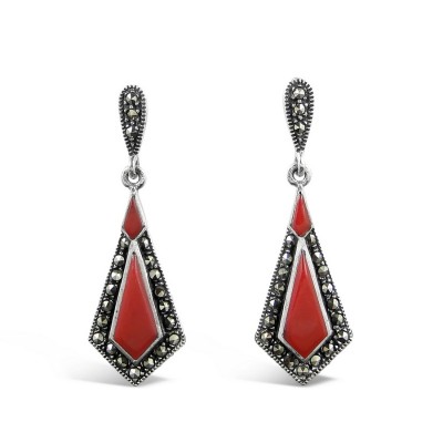 MARCASITE EARRING INVERTED KITE SHAPED RED CORAL MS WRAP