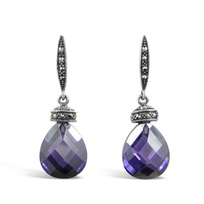 MARCASITE EARRING TEARDROP AMETHYST CUBIC ZIRCONIA CHESS CUT WITH CAP