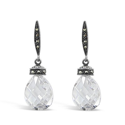 MARCASITE EARRING TEARDROP CLEAR CUBIC ZIRCONIA CHESS CUT WITH CAP