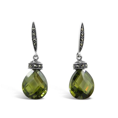 MARCASITE EARRING TEARDROP OLIVINE CUBIC ZIRCONIA CHESS CUT WITH CAP