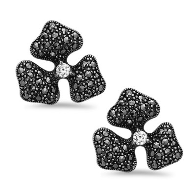 MARCASITE EARRING 3 PETAL FLOWER WITH CLEAR CUBIC ZIRCONIA CENTER