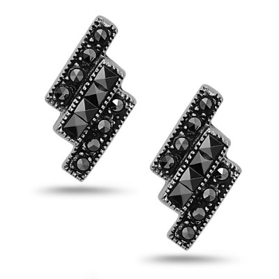 MARCASITE EARRING STUD 3 LINES SQUARE CUT