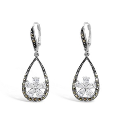MARCASITE ERRING FLOATING TEAR DROP FLOWER BOTTOM