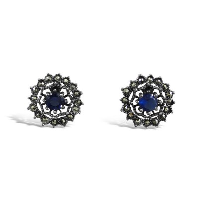 MARCASITE EARRING SAPPHIRE GLASS MS WEB OUTLINE