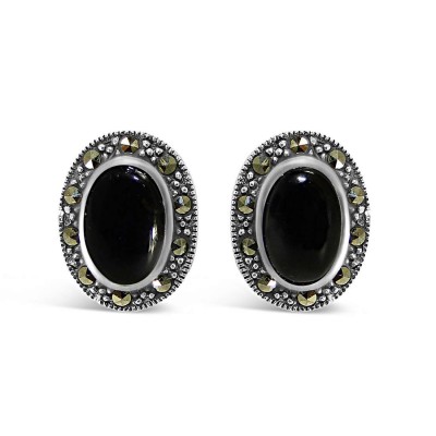 Marcasite Earring Small Oval Stud Black Onyx