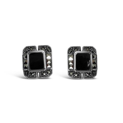 Marcasite Earring Stud Black Onyx Square Cut Side