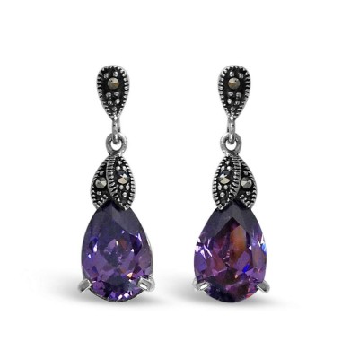 Marcasite Earring Dangling Tear Drop Top Amethyst Cubic Zirconia Tear