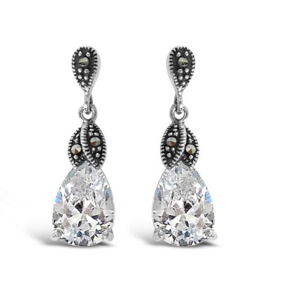 Marcasite Earring Dangling Tear Drop Top Clear Cubic Zirconia Tear D