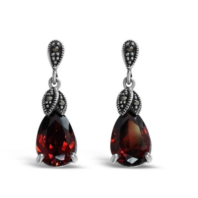 Marcasite Earring Dangling Tear Drop Top Garnet Cubic Zirconia Tear D