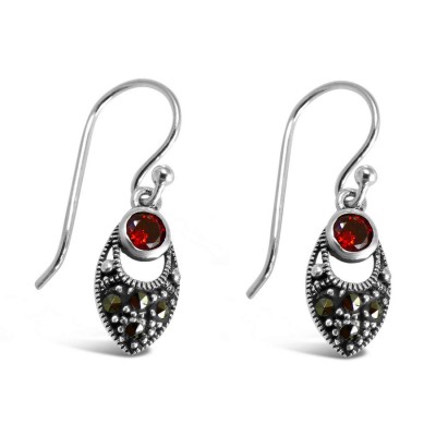 Marcasite Earring Marquis Round Garnet Cubic Zirconia Top