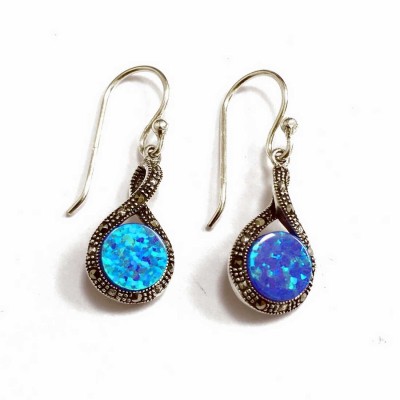 Marcasite Earring Sterling Silver Round Blue Sysnt