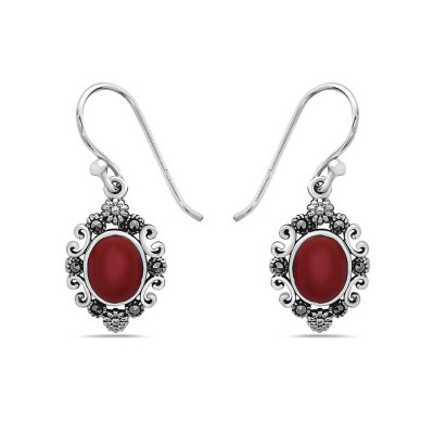 Marcasite Earring Oval Reconstituent Coral Wavy Flowers