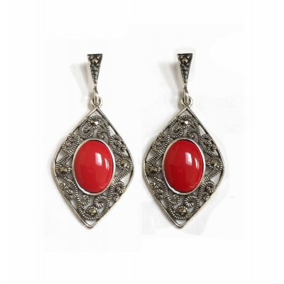 Marcasite Earring Oval Reconstituent Coral Diamond Shape