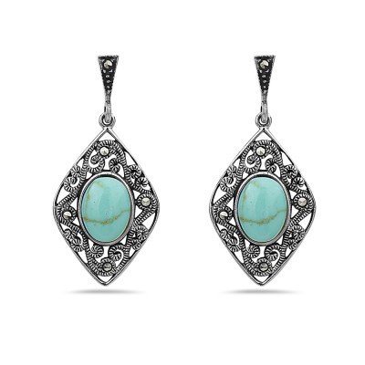 Marcasite Earring Oval Reconstituent Turquoise Diamond Sh