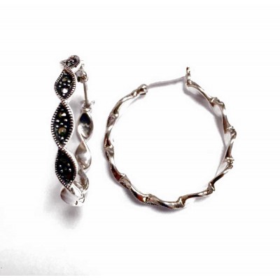 Marcasite Earring Hoop Twisted Line Round