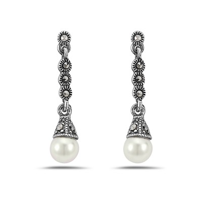 MS EARRING MARCASITE LINEAR MARCASITE CAP FAUX PEARL