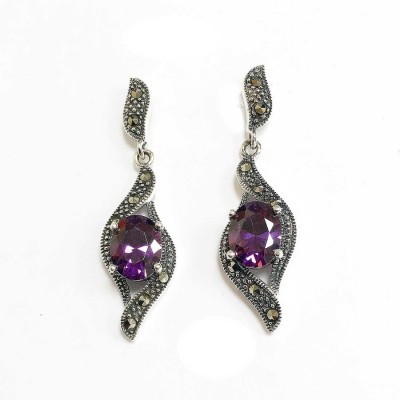 Marcasite Earring Dangle Wave Marcasite Top Oval Amethyst Cubic Zirconia Wav