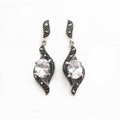 Marcasite Earring Dangle Wave Marcasite Top Oval Clear Cubic Zirconia Wavy L