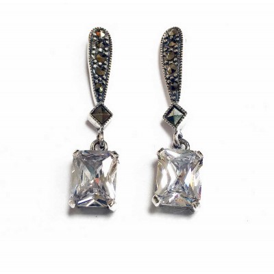 Marcasite Earring Dangle Long Tear Drop Top Rectangular C