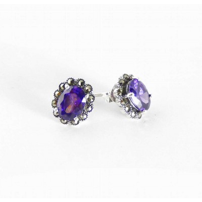 Marcasite Earring Oval Stud Amethyst Purple Cubic Zirconia Marcasite
