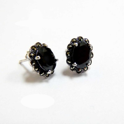 Marcasite Earring Oval Stud Black Cubic Zirconia Marcasite Wrap