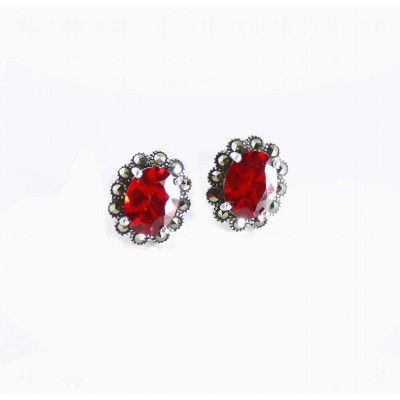 Marcasite Earring Oval Stud Garnet Red Cubic Zirconia Marcasite Wrap