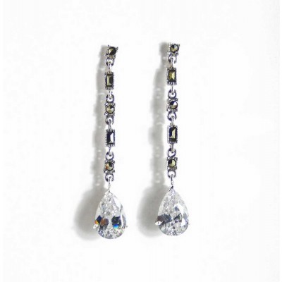 Marcasite Earring Linear Rectangular Marcasite Clear Cubic Zirconia D