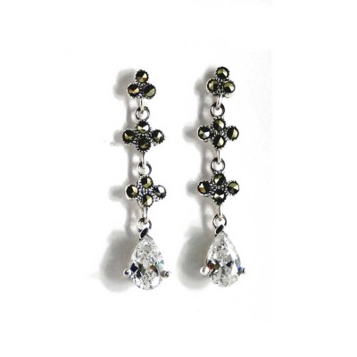 Marcasite Earring Dangle Flower Cluster Link Tear Drop Cl