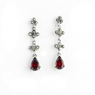 Marcasite Earring Dangle Flower Cluster Link Tear Drop Ga
