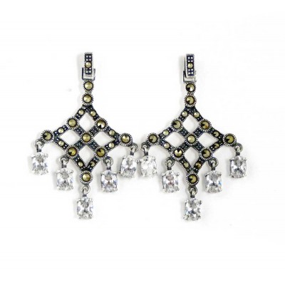 Marcasite Earring Dangle Diamond Shape Lattic Oval Clear