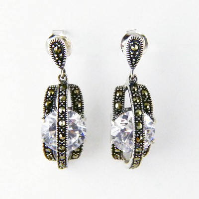 Marcasite EARRING DANGLE ROUND Cubic Zirconia THREE MARCASITE LINE OV