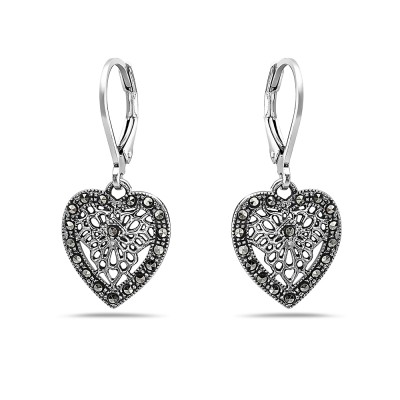 Marcasite EARRING DANGLE HEART MARCASITE EDGE CENTER ONE