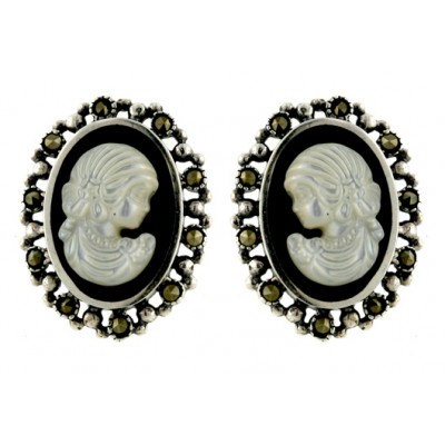 Marcasite Earring Oval Buttn Cameo
