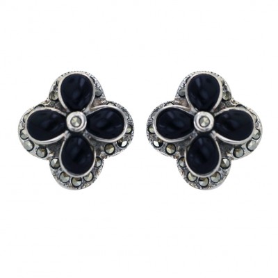 Marcasite Earring Tear Drop Onyx Flower Buttn