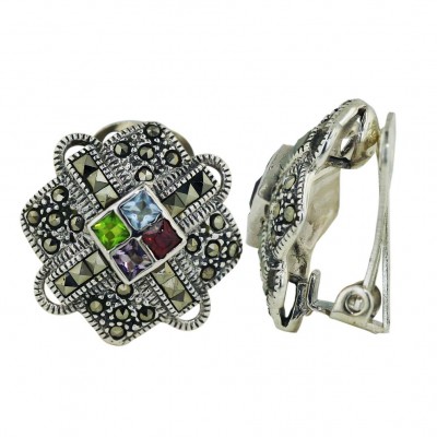 Marcasite Earring Multicolor Cubic Zirconia Clip Square Cut