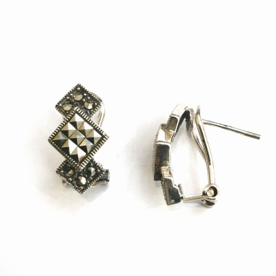 Marcasite Earring Square Cut 3 Diamond Shape Omega Post