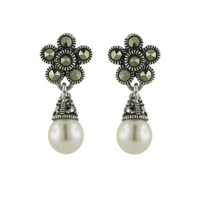 Marcasite Earring Flower+Dangling Faux Pearl 7mm