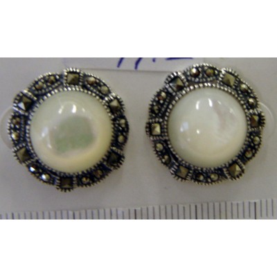 Marcasite Earring Round Mother of Pearl Square Cut