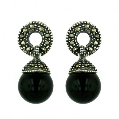 Marcasite Earring Link+12mm Gem Onyx