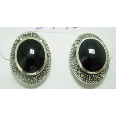 Marcasite Earring Oval Onyx Buttn