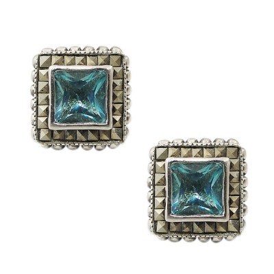 Marcasite Earring Square Blue Topaz Cubic Zirconia Buttn Square Cut