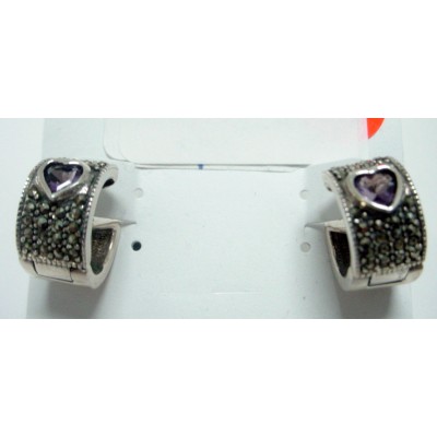 Marcasite Earring Amethyst Cubic Zirconia Heart Huggie