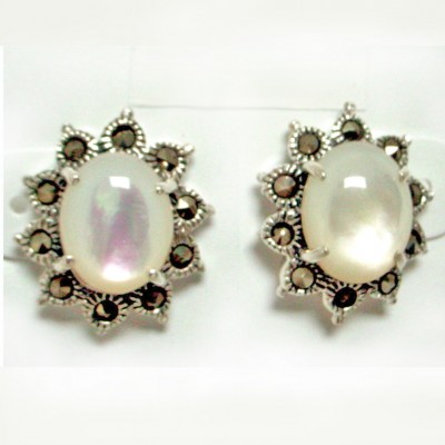 Marcasite Flower Earring with Oval Mother of Pearl