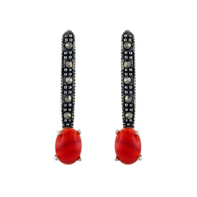 Marcasite Earring Oval Carnelian +Long Marcasite Bar