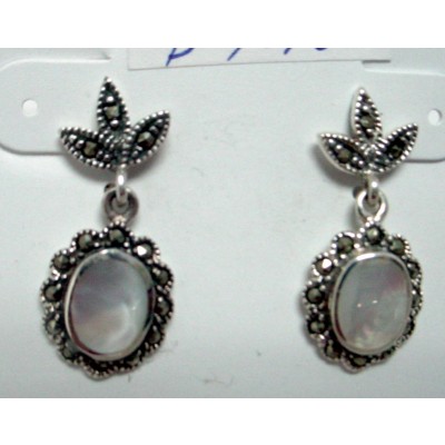 Marcasite Earring Flowr Mother of Pearl +Leaves Dangling