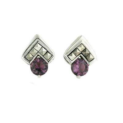 Marcasite Earring Square Cut "V" Shape with Amethyst Cubic Zirconia
