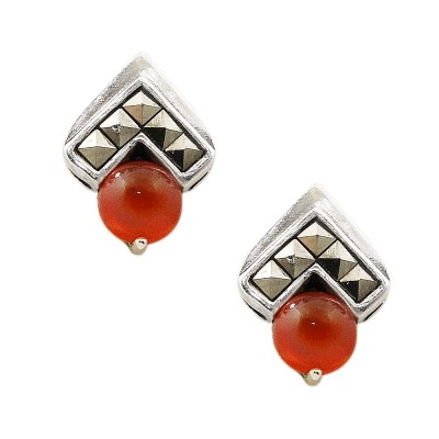 Marcasite Earring Square Cut "V" Shape with Carnelian